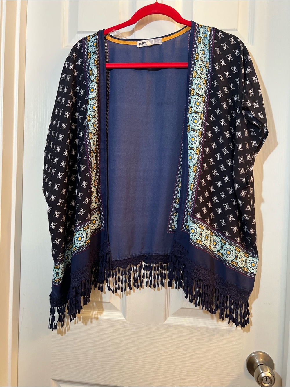 🦋 Jolt Navy Blue Boho Fringe Open Cardigan with Aqua Trim  size xs